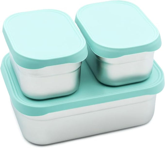 WeeSprout Stainless Steel Lunch Box Set - 750mL & 230mL Food Storage Nested Bento Boxes with Food Grade Silicone Lid - Leak Proof - Freezer Safe (Pastel Mint)