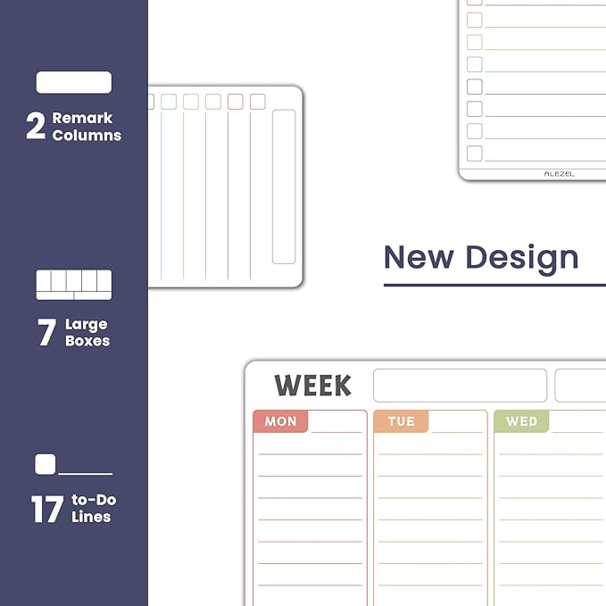 ALEZEL Magnetic Weekly Calendar Whiteboard for Fridge, Refrigerator Dry Erase Weekly White Board, Includes Magnetic Weekly Planner for Fridge with 2 List Boards, 4 Markers + Eraser