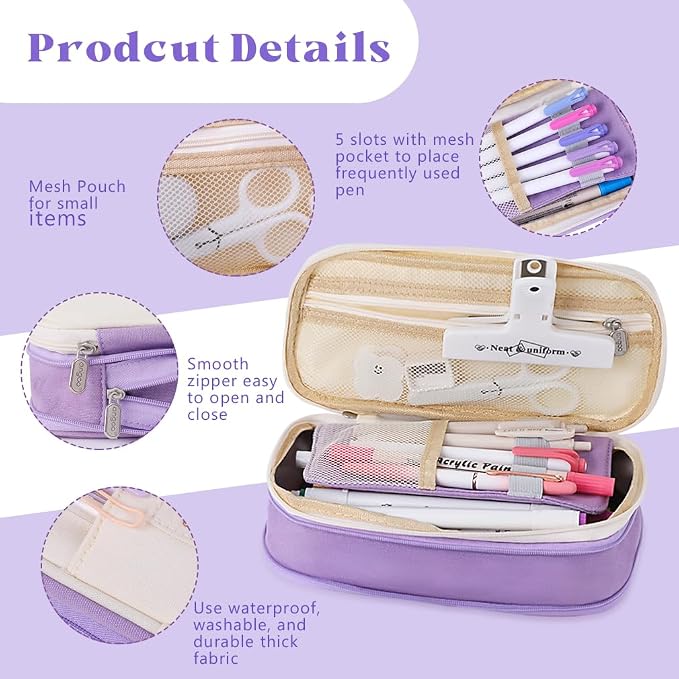 iSuperb Foldable Pencil Case Zipper Big Capacity Canvas Pencil Pouch Cosmetic Organizers Pen Bag Makeup Bags for Women (Purple)
