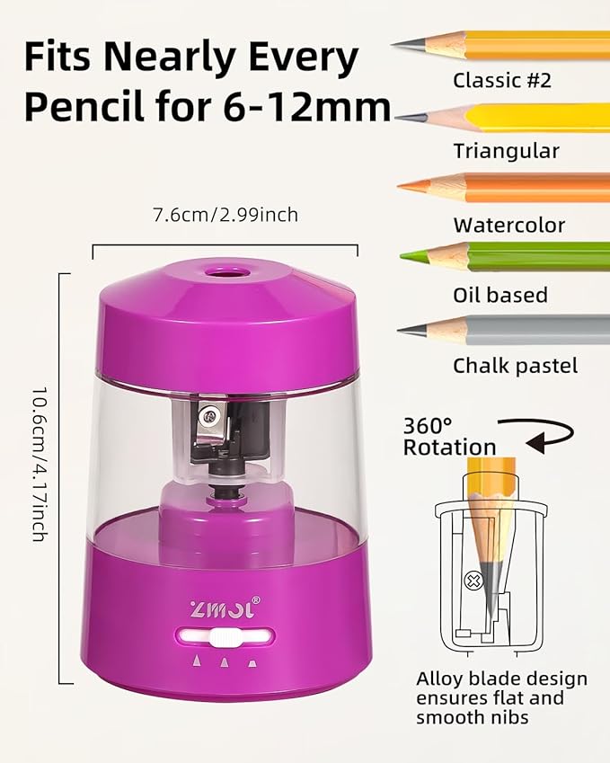 ZMOL Electric Pencil Sharpener Battery Operated Power Kids for Colored & Jumbo Pencils No.2/(6-12mm) - Safe & Easy Use Plug in Portable with (AC Adapter,USB, Battery) for Classroom/Office/Home Pink
