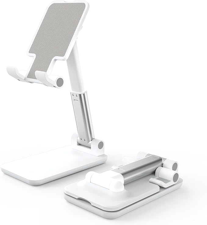 Cell Phone Stand, Adjustable Angle and Height Cell Phone Holder for Desk, Foldable and Portable, Anti-Slip Silicone Pad, Compatible with All Mobile Phones and 4-8 Inch Devices, White