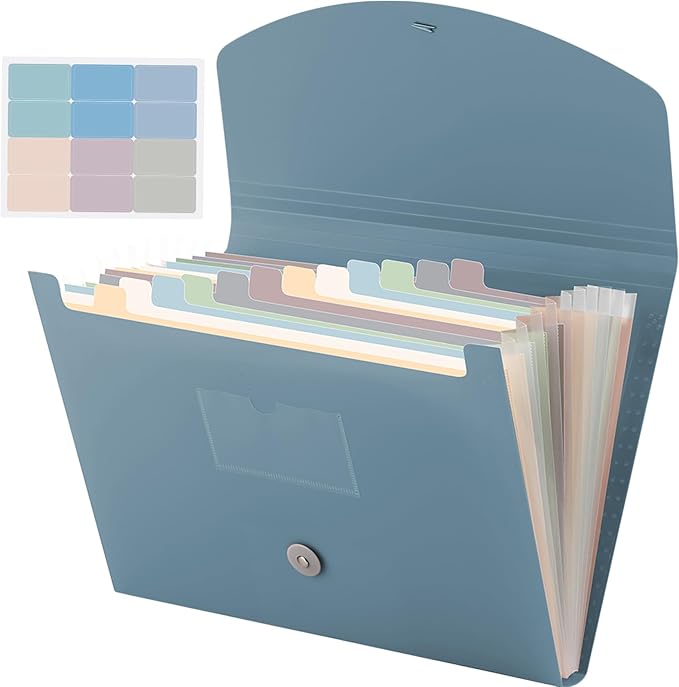Cholemy Expanding File Folder 13 Pockets File Organizer with Labels A4 Letter Size Receipt Document Organizer Plastic Expandable Filing Folders for Office, Home(Blue)