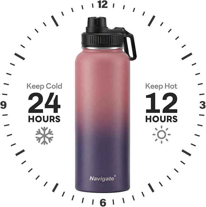 Navigate 40 oz Insulated Stainless Steel Sports Water Bottle with Spout & Handle Lids,Wide Mouth Water Jug with Double Walled Leak Proof Keep Cold for 24 Hrs Hot for 12 Hrs, Red to Black