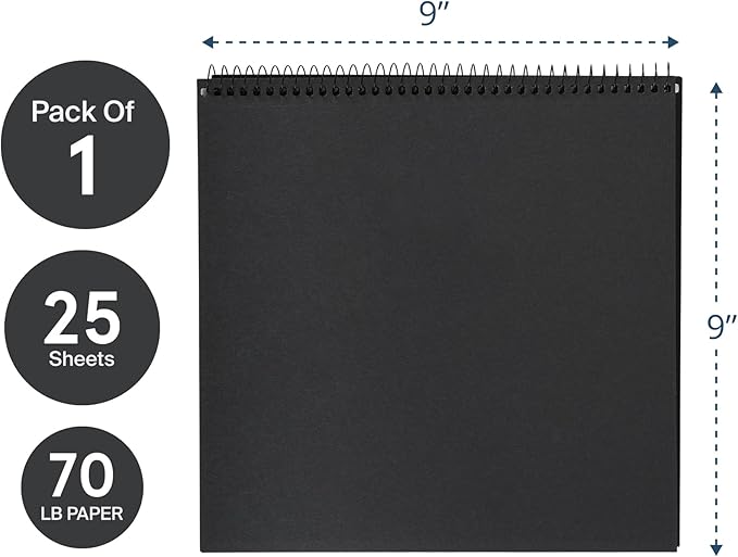 Roaring Spring Black Paper Sketch Book 9" x 9" – 25 Sheets, 70 lb. Heavyweight Pages, Top Spiral Bound, Perforated Acid-Free Drawing Pad for Gel Pens, Metallic Markers, Colored Pencils & Art Projects
