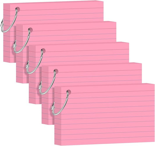 Pink Index Cards 3x5 Inch Lined Flash Cards with Ring Heavyweight Flashcards Note Cards for Studying School Supplies College, 200 Count