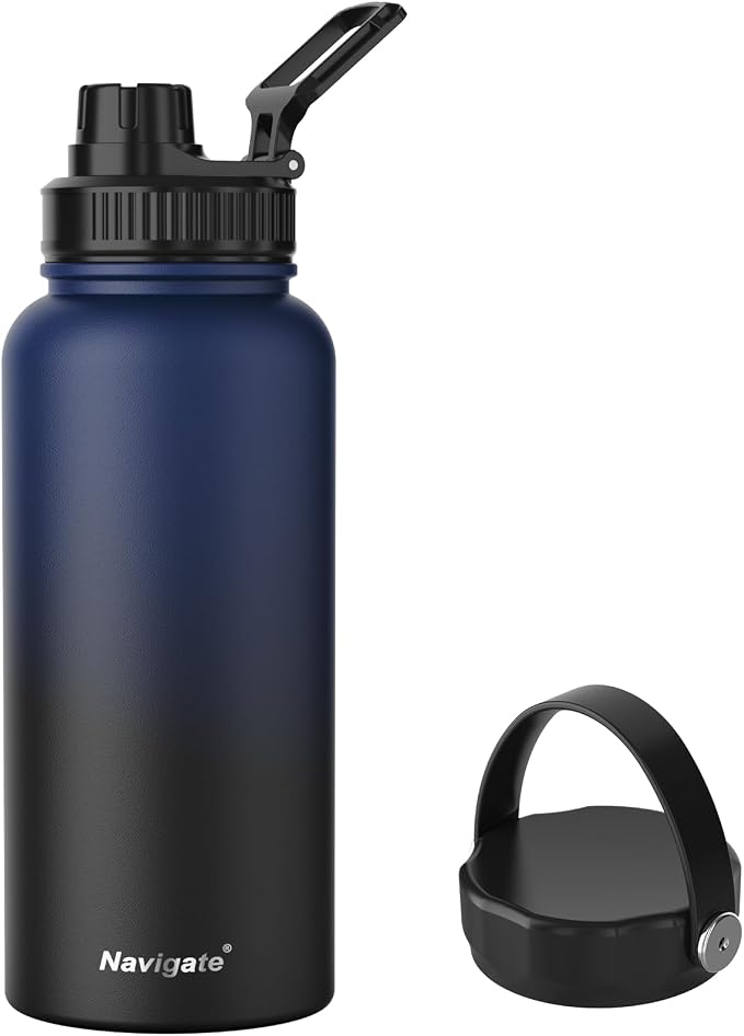 Navigate 32oz Insulated Water Bottle for Sports, Keep Cold 24H | 2-in-1 Spout and Handle Lids, Double Leak-Proof, 18/8 Stainless Steel, BPA-Free, Wide Mouth for Hiking,Blue to Black