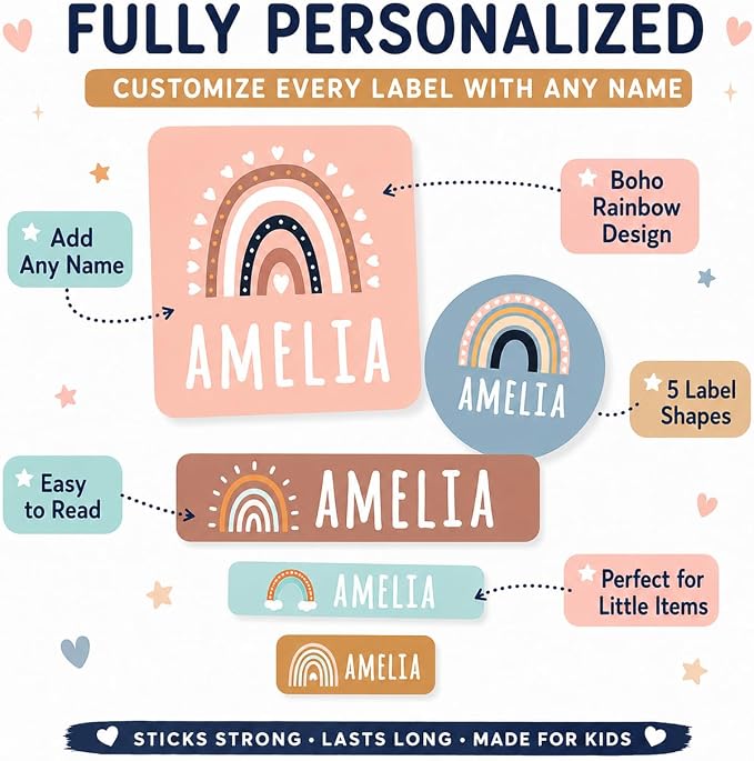 Andaz Press Custom Personalized Waterproof School Name Labels Boho Rainbow, 120-Pack Kids Labels Combo Pack Customizable Multi-Use Name Stickers Personalized School Supplies Camp Stickers Daycare