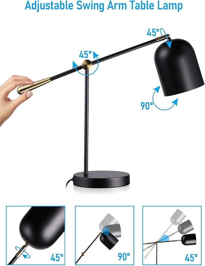 TORCHSTAR Adjustable Desk Lamp Aesthetic, AC 110-120V, Swing Arm Task Desk Lamp, Max 60W, E26 Base, Bulb Not Included, Metal Decor Desktop Lamp with On/Off Switch, for Work, Study, Home Office, Black