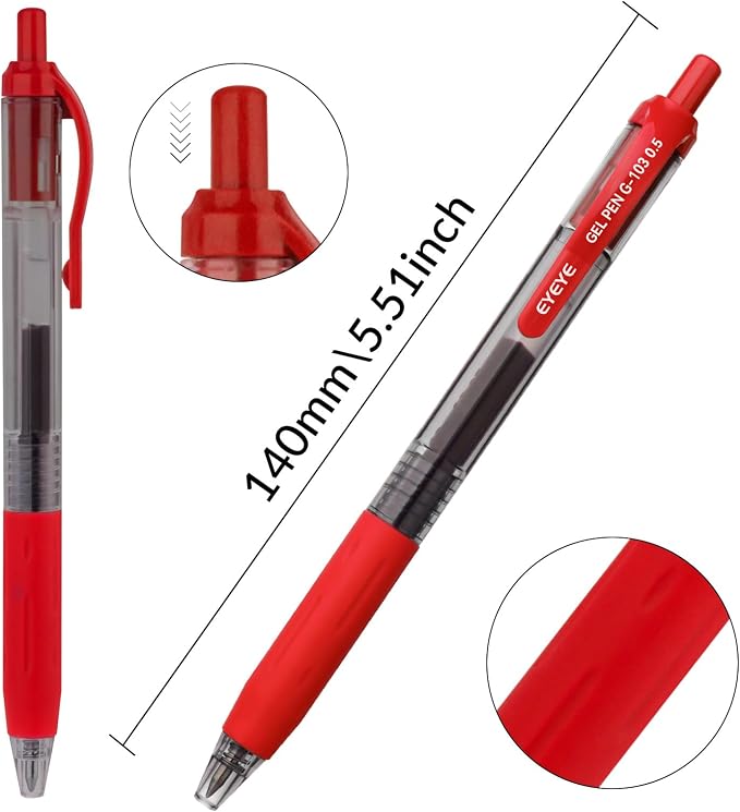 EYEYE G-103 Red Gel Pens 15 Pack, Retractable, 0.5mm Extra Fine Point | Quick Drying, Ballpoint Pen Fine Point Smooth Writing Pens for Office Supplies, Black to School