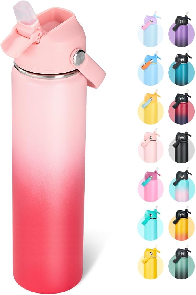 Fijinhom 24oz Insulated Stainless Steel Water Bottle, Wide Mouth Double Wall Vacuum, Silicone Straw, Sweat & Leak Proof, BPA Free Insulated Water Flask for Travel, Keep Cold 24h Hot 12h, Pink Gradient
