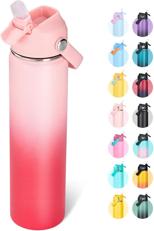 Fijinhom 24oz Insulated Stainless Steel Water Bottle, Wide Mouth Double Wall Vacuum, Silicone Straw, Sweat & Leak Proof, BPA Free Insulated Water Flask for Travel, Keep Cold 24h Hot 12h, Pink Gradient