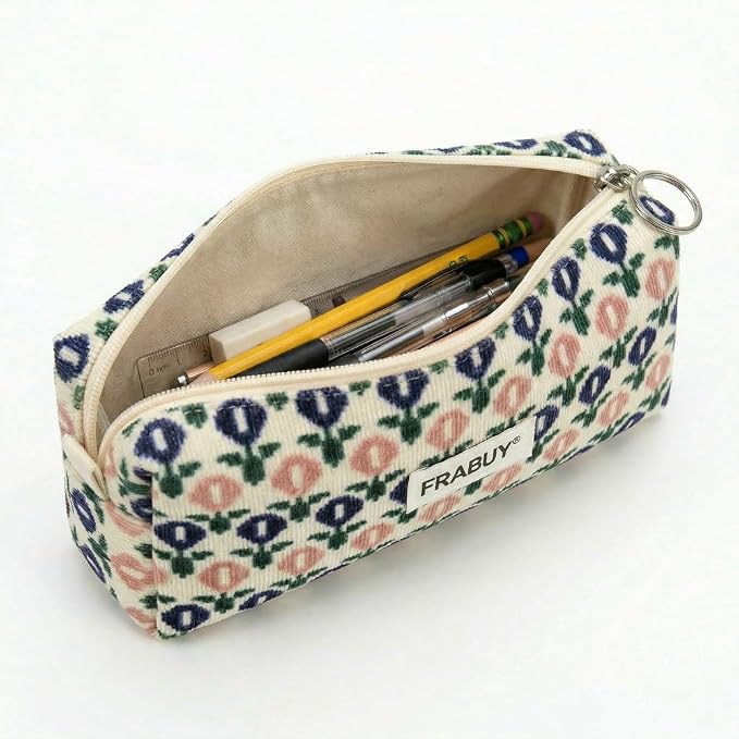 Soft Corduroy Pencil Case Pen Pouch Organizer, Small Stationery Bag | Cute little blue flower pencil pouch, smooth zipper, daily cosmetics holder, compact organizer for school teen girls, women
