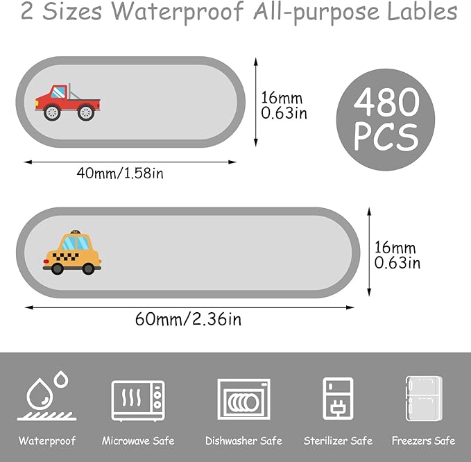 480Pcs Baby Bottle Labels for Daycare, Waterproof Name Labels Daycare Essentials for Nursery and Preschool (Vehicles)