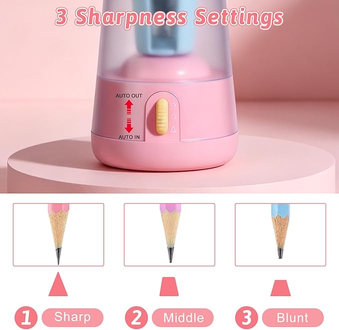 Rechargeable Electric Pencil Sharpener, 6-12mm Auto in & Out Fully Automatic Pencil Sharpener for Kids, Large Capacity Battery Powered, with Cartoon Stickers Ideal for Classroom & Home (Pink)