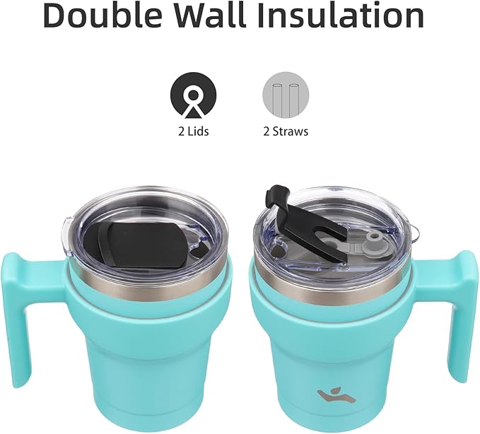 Konokyo 10 oz Tumbler with Handle and 2 Straw 2 Lid, Insulated Water Bottle Stainless Steel Vacuum Cup Reusable Travel Mug,Turquoise