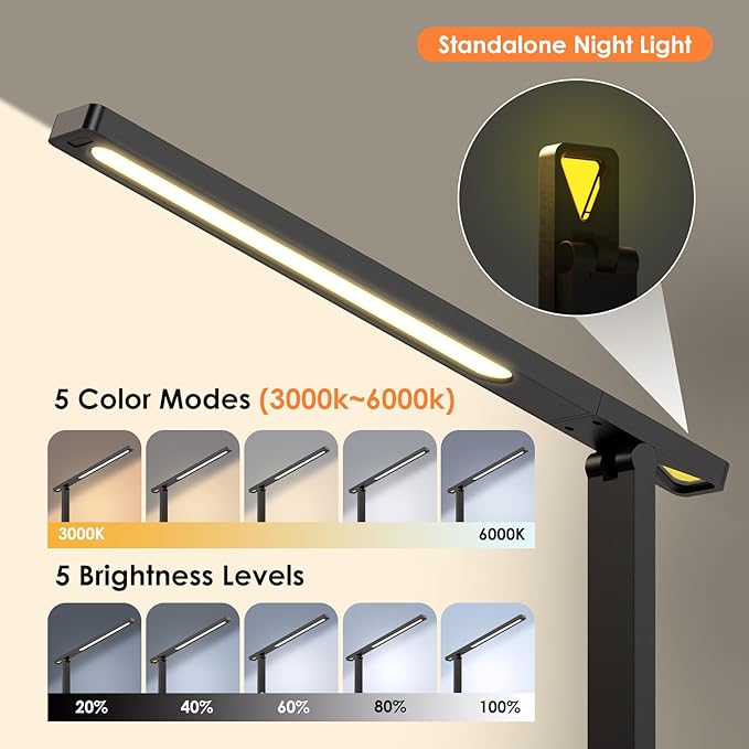 LAOPAO Power Strip with LED Desk Lamp: Table Lamp with Charging Station - 2 Outlets 1 USB-A Ports 1 Type-C Ports, Surge Protection and Led Display, 5ft Extension Cord, 5 Color Modes 5 Brightness