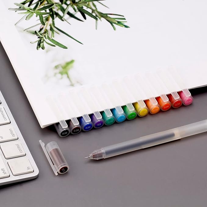 XIZE SH Premium Colorful Pens for Journaling and Note Taking - 12 Color Gel Pens With 0.38mm Fine Point Needle Tip - Minimalist Japanese Style