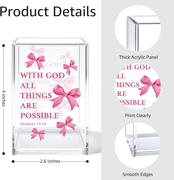 With God All Things Are Possible Bible Pen Holder Makeup Organizer, Funny Bow Christian Pencil Pen Holder for Desk, Matthew 19:26 Bible Verse Pencil Cup, Religious Gifts for Book Lover Teacher