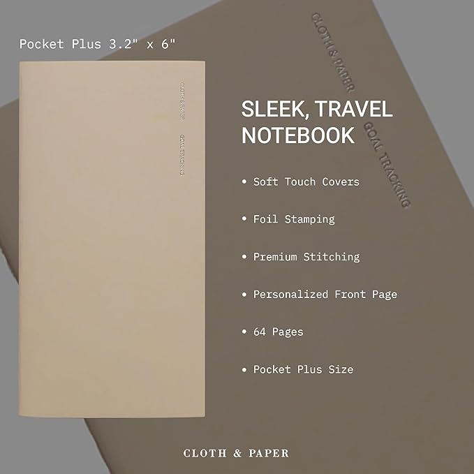 Cloth & Paper Travel Notebook | Goal Tracker – Ibiza | Pocket Plus Goal Planner Notebook 3.2" x 6" | Goal Tracker for Planning, Progress Tracking, Productivity & Personal Goals – Soft Touch Cover