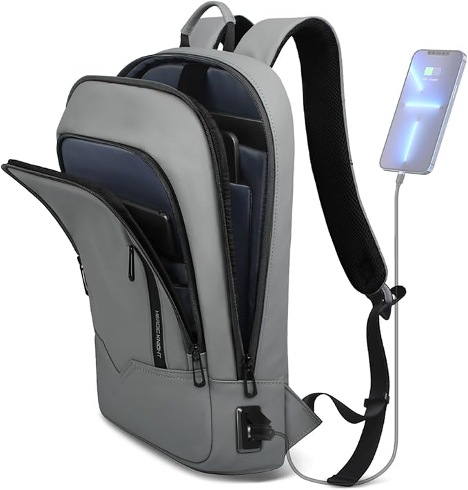 hk Backpack for Men Business Slim Backpack with USB Charger Computer Lightweight Anti-theft Travel Backpacks 15.6 inch Water Resistant Laptop Bag for Work Office College-Grey