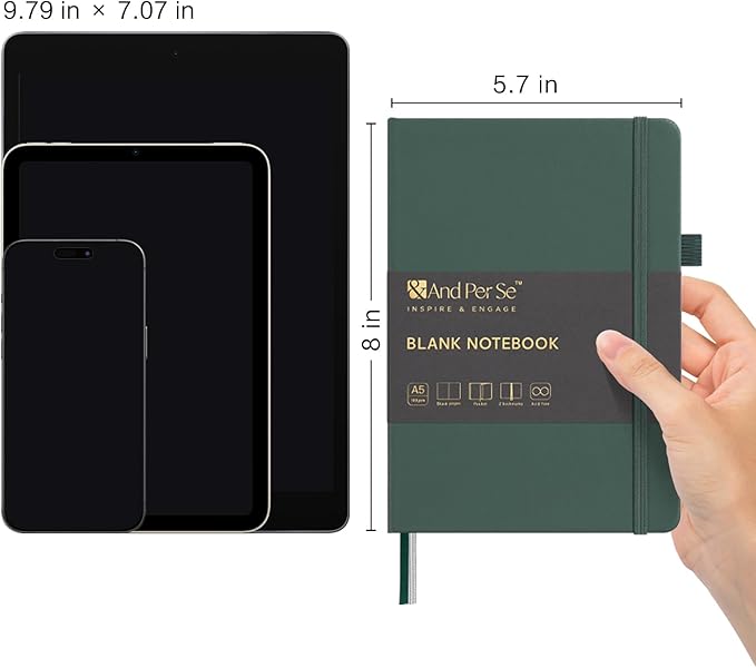 &And Per Se Blank Sketch Notebook, A5 Hardcover, 160 Pages 100gsm Thick Paper, Unlined Journal for Drawing, Doodling, Hand Lettering – Creative Gift for Artists, Designers, Writers (Green)