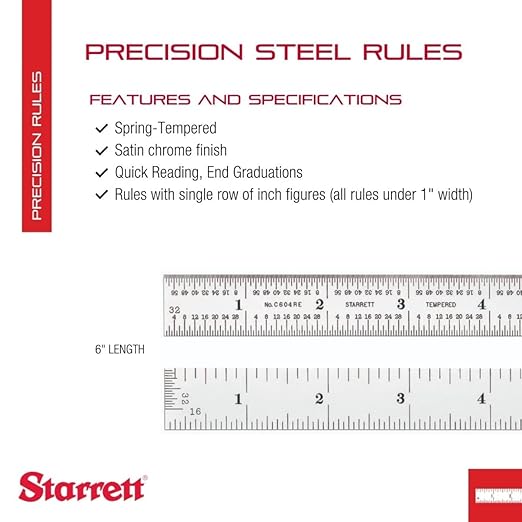 Starrett Spring Tempered Steel Rule with Satin Chrome Finish, Quick Reading and Inch Graduation - 6" Length, 4R Graduation Type, 3/64" Thickness - C604RE-6