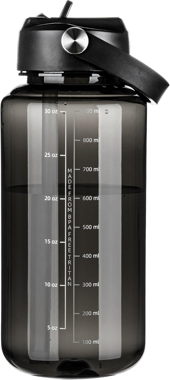 OLDLEY 32 oz Clear Water Bottle with Straw,Tritan BPA-Free, Wide Mouth, Leak Proof - for Gym, Travel, Home, School, Office (Black)