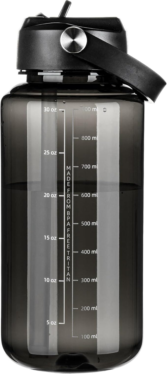 OLDLEY 32 oz Clear Water Bottle with Straw,Tritan BPA-Free, Wide Mouth, Leak Proof - for Gym, Travel, Home, School, Office (Black)