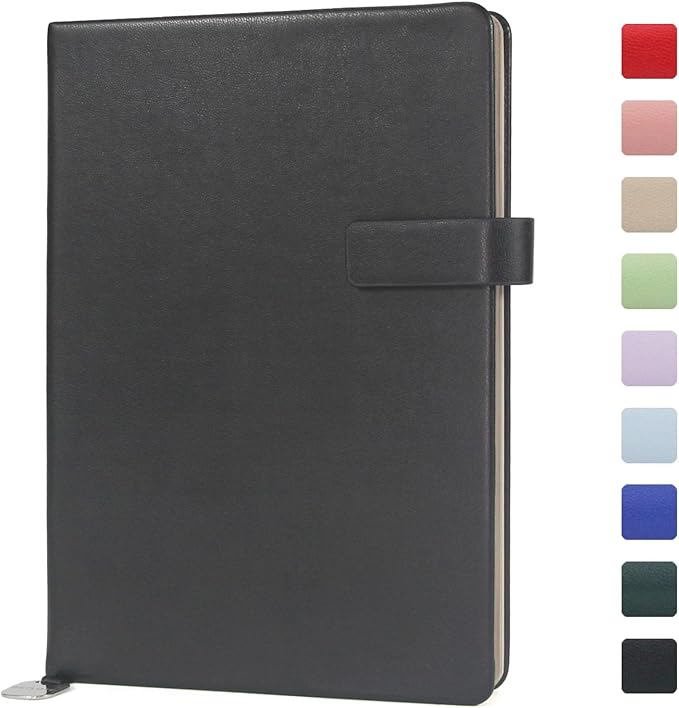 A5 Hard Cover Notebook with Pen Holder, Gold Edges & 180° Lay Flat - Large 5.7x8.4 Dot Grid, Bookmark, Gift Box - Durable Journal for Office, Study, Travel - Writers, Students(Black)