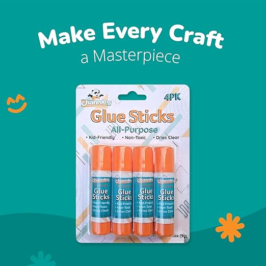 Channie's Glue Sticks 4 Pack - Clear Drying Washable Glue Sticks for Kids - Ideal for Art & School Projects, Safe & Mess-Free Craft Supplies