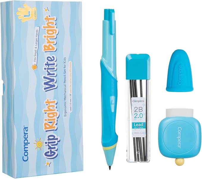 Ergonomic Pencil Set, 2.0mm HB Mechanical Pencils for Kids, School Supplies Include Sharpener, Eraser & 6 Extra Leads – Handwriting Aid for Preschool, Kindergarten, Homes, Blue, L