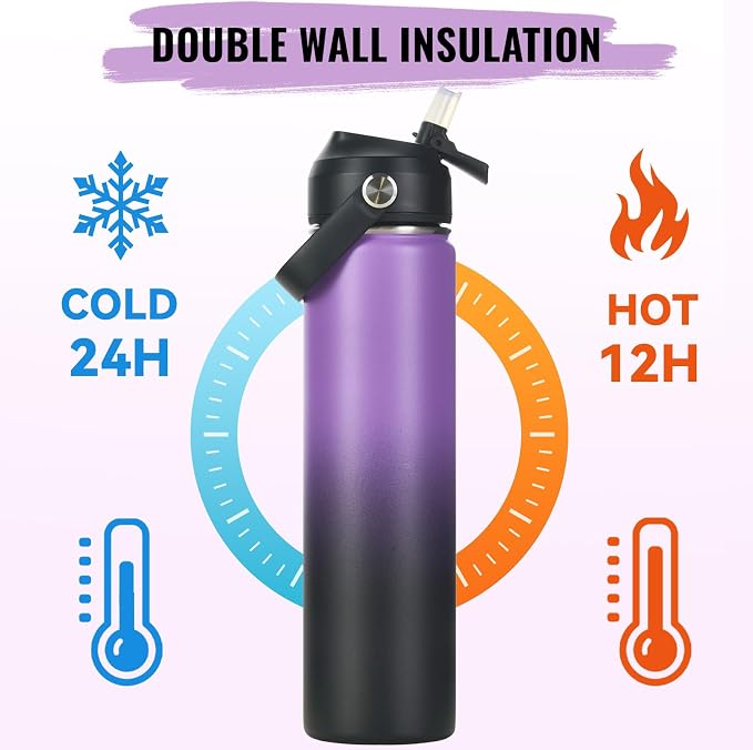 Fijinhom 24oz Insulated Stainless Steel Water Bottle, Wide Mouth Double Wall Vacuum, Silicone Straw, Sweat & Leak Proof, BPA Free Insulated Water Flask for Travel, Purple & Black