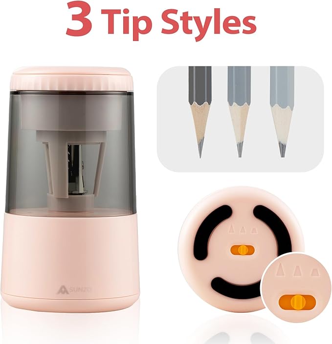 SUNZO Electric Automatic Pencil Sharpener, auto feed, hands free, electronic, rechargeable battery powered, small & portable, for colored pencil, for office & classroom (Pink)