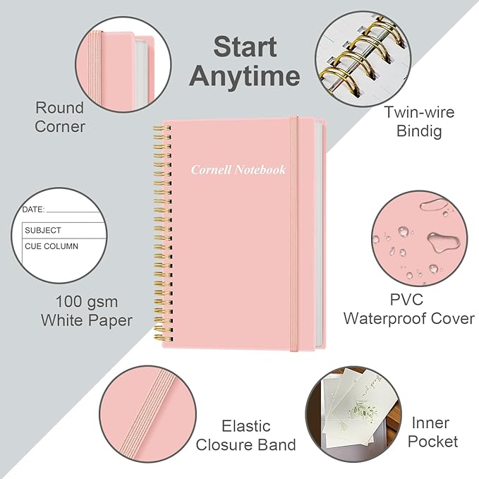 Yaridar A5 Cornell Notes Notebook - College Spiral Cornell Notebooks for Note Taking, Subject College Ruled Notebook Steno Pads for Office/School/Home, 5.8" x 8.5", Pink