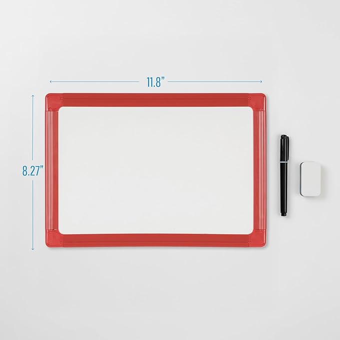 MasterVision Schoolmate Small Dry Erase Lap Whiteboard, 12" x 8", Magnetic Lap Board, Red Frame, Double Sided White Board (Blank/Gridded), for Kids, Students, Schools