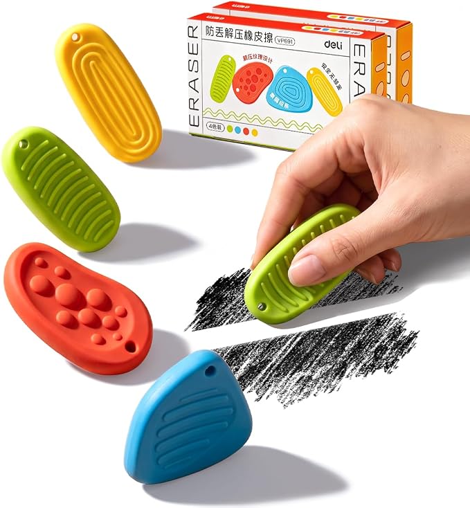 Sensory Erasers 8 Pack, Pencil Eraser with Raised Patterns, Stress-Relief Fidget Erasers for Students and Adults, School and Classroom Supplies, 4 Colors