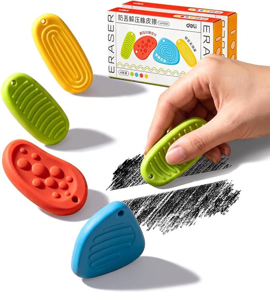 Sensory Erasers 8 Pack, Pencil Eraser with Raised Patterns, Stress-Relief Fidget Erasers for Students and Adults, School and Classroom Supplies, 4 Colors