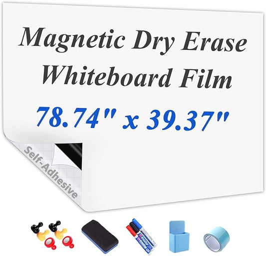 Self-Adhesive Dry Erase Whiteboard Sticker, 78.74" x 39.37" Magnetic Receptive White Board Wall Film, No Ghosting, Easy Write & Clean | Peel & Stick for Office, Home & Classroom,Incl. Accessories