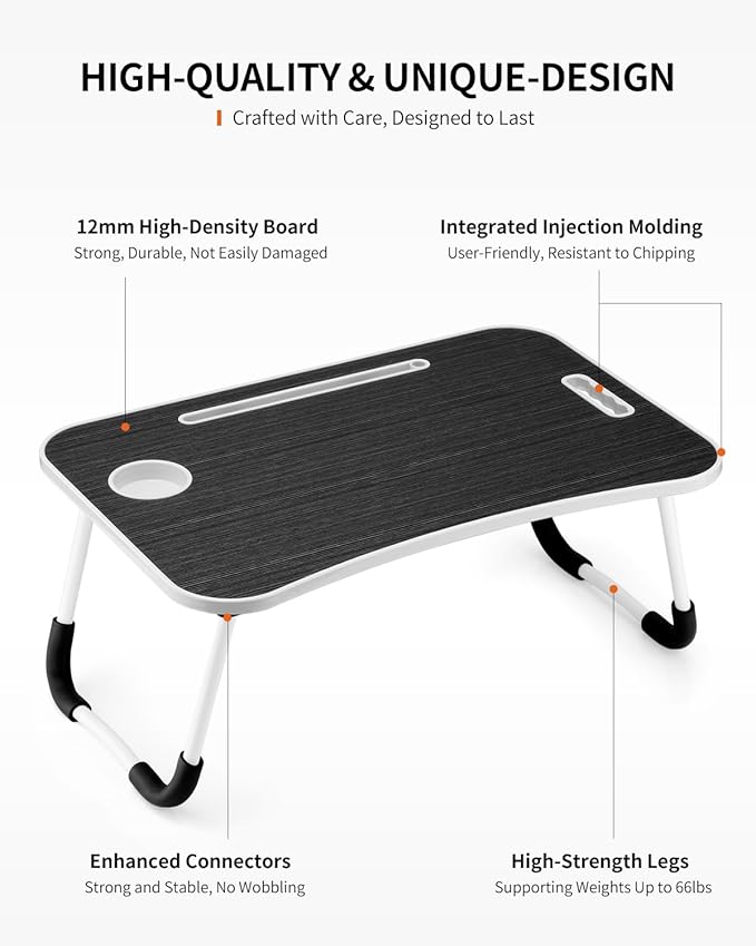 FISYOD Foldable Laptop Table, Portable Lap Desk Bed Table Tray, Laptop Stand with Cup Holder & Tablet Slot & Lifting Handle for Working Writing Drawing & Eating (Black)
