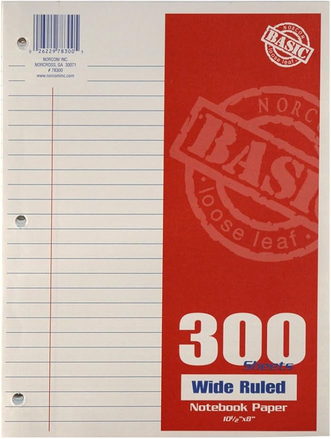 Norcom Wide Ruled Filler Paper, 10.5 x 8 Inches, 300 Sheets, White (78300-12)