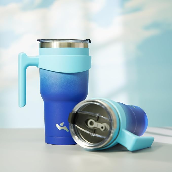 Konokyo 20 oz Tumbler with Handle and 2 Straw 2 Lid, Insulated Water Bottle Stainless Steel Vacuum Cup Reusable Travel Mug,Sky