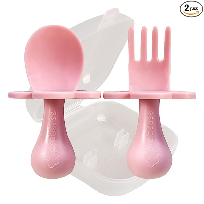 Grabease Baby Feeding Utensils Set - Travel Case for To-Go Toddler Containers - Choke-Guard for Baby Led Weaning Forks - Dishwasher Safe Toddler Spoon - Plastic, Blush, Pack of 1