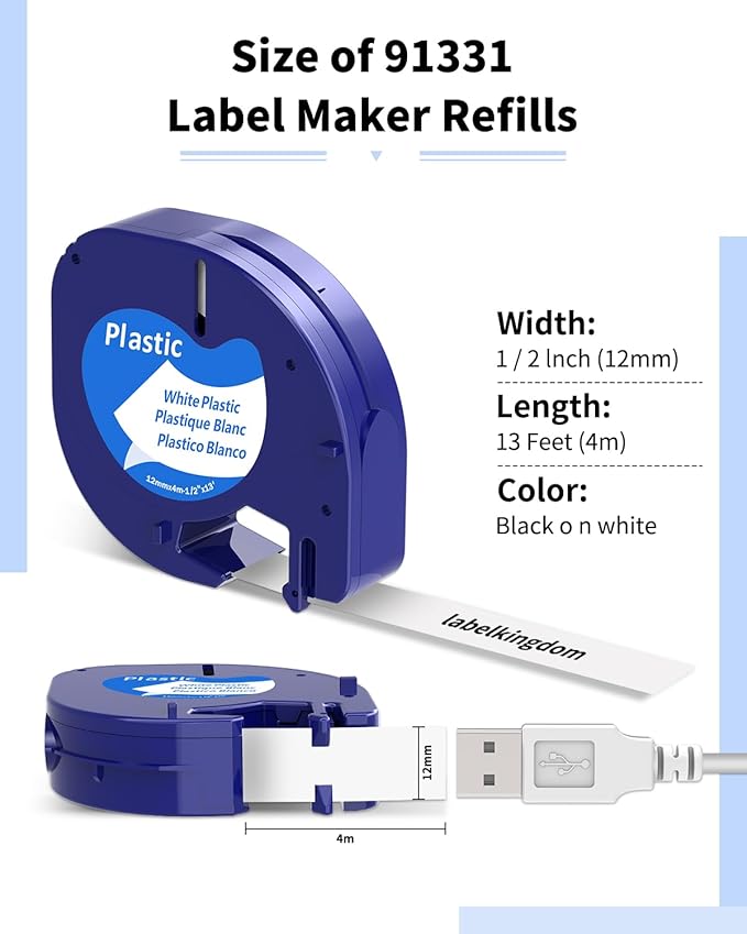 4-Pack 91331 Compatible with DYMO LetraTag Refills White Plastic Label Tape 12mm x 4m (1/2" x 13') Replacement for DYMO Label Maker Refills Black on White for Letra Tag 200B LT 100H 100T Plus