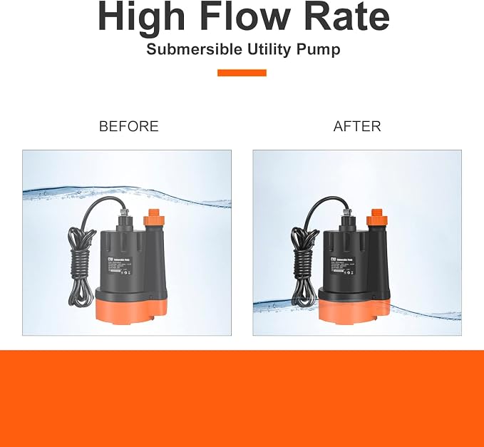 1/3 HP Submersible Water Pump, 2500GPH Utility Pump | Portable Electric Clean Water Drainage Pump for Pool Draining, Flooding, Swimming Pool and Basement