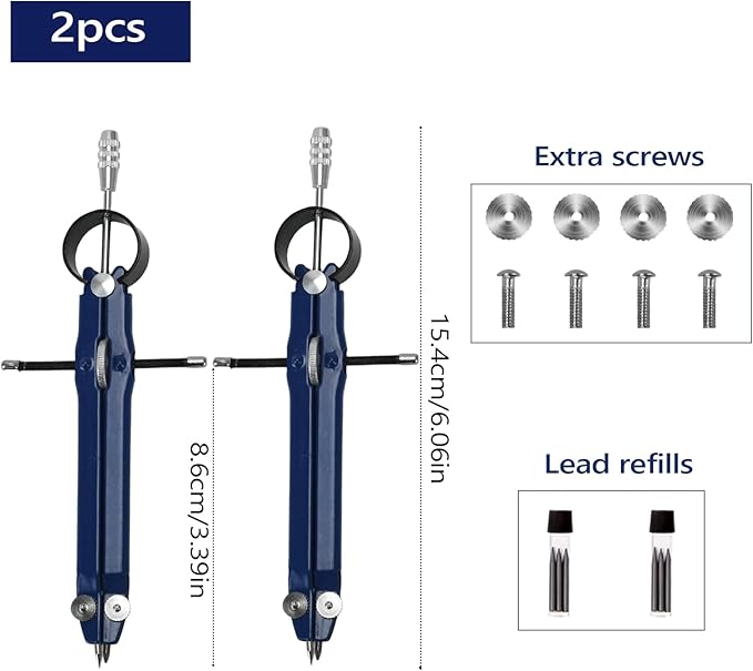 Compass for Geometry, Metal Compass with Extra Refills Compass Drawing Tool for Students Drafting Compass Back to School Supplies (Blue 2pcs)