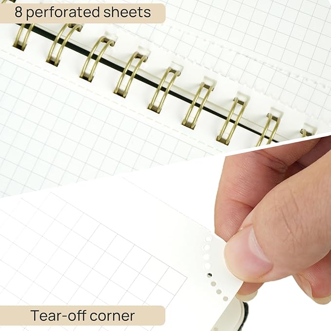 POPRUN Graph Paper Spiral Journal Notebook, [A5-5.75'' x 8.25''] - 120 GSM Thick Paper, 141 Numbered Pages, Grid Notebooks for Men & Women with Pocket, Index Tabs, 8 Perforated Sheets,Black
