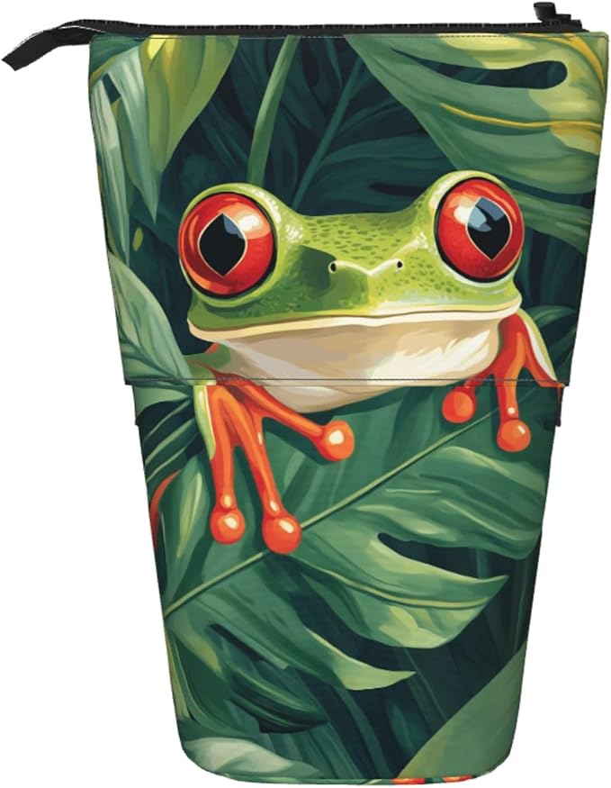 Green Frog Standing Pencil Case Cute Telescopic Stationary Pouch with Zipper Large Capacity Stand up Pen Bag Portable Makeup Holder for School Office Supplies