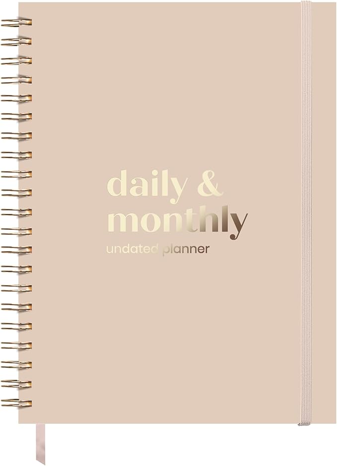 Undated Daily Planner | 2026 Calendar | Large Daily and Monthly Planner with Hourly Schedule, 8.5" x 11" | 6 Month, Full Page a Day, To do List, Time Blocking, Beige Aesthetic Hardcover Spiral Notebook