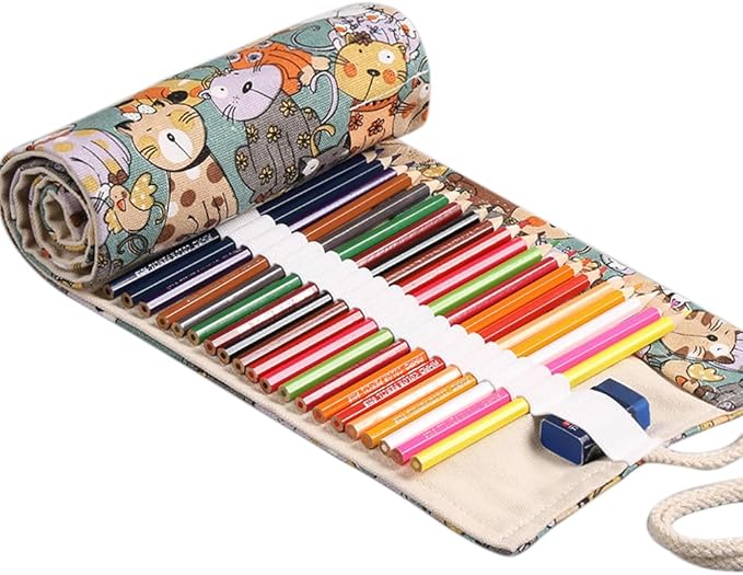 DIYOMR 24/36/72 Slots Pencil Wrap Pencil Rolls, Artist Colored Pencils Roll Up Bag Short Brushes Pouch Case Pencils Organizer for Drawing Coloring and Sketching, NO PENCILS (Cuddly Cat, 72slots)