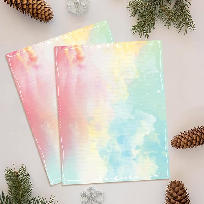 Anzon Mories Watercolor Stationery Paper Set 96 Pieces (Lined) Double Sides Colored 21lb/100gsm Heavy Weight Writing Stationary Paper 8.5” x 11” US Letter Size, 8 Colors Original Design College Ruled